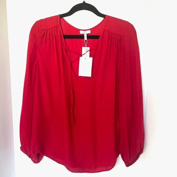 Joie Odelette Silk Top Womens Medium Red V Neck Tassel Ties Long Sleeve Blouse - Picture 3 of 10
